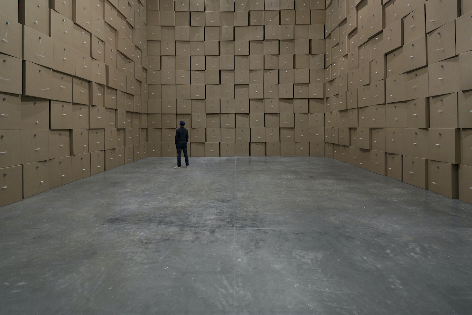 168 prepared dc-motors, cotton balls, cardboard boxes | Zimoun